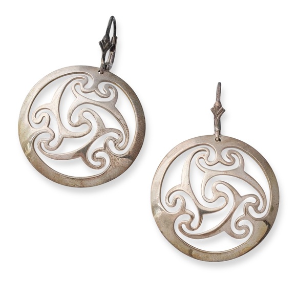 Vintage Celtic Sterling Silver Triskelion Leverback Earrings Triskele Spiral - Picture 1 of 4